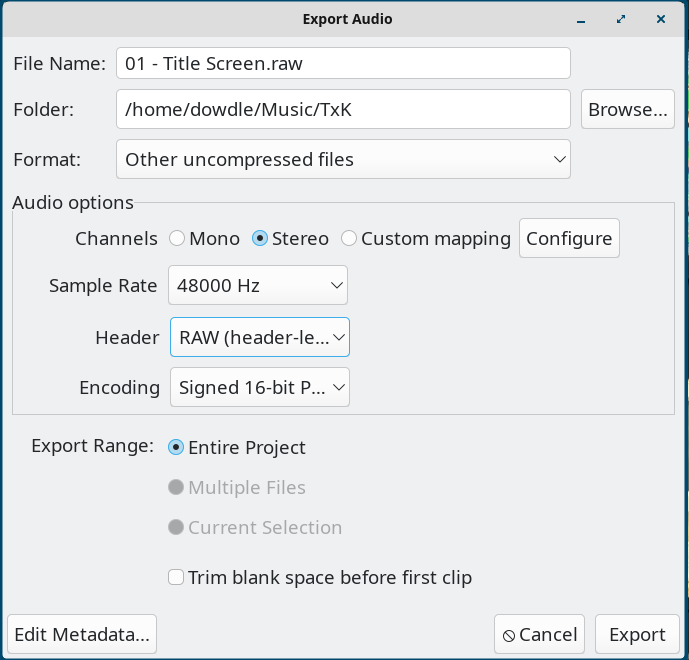 Audacity File Export Settings